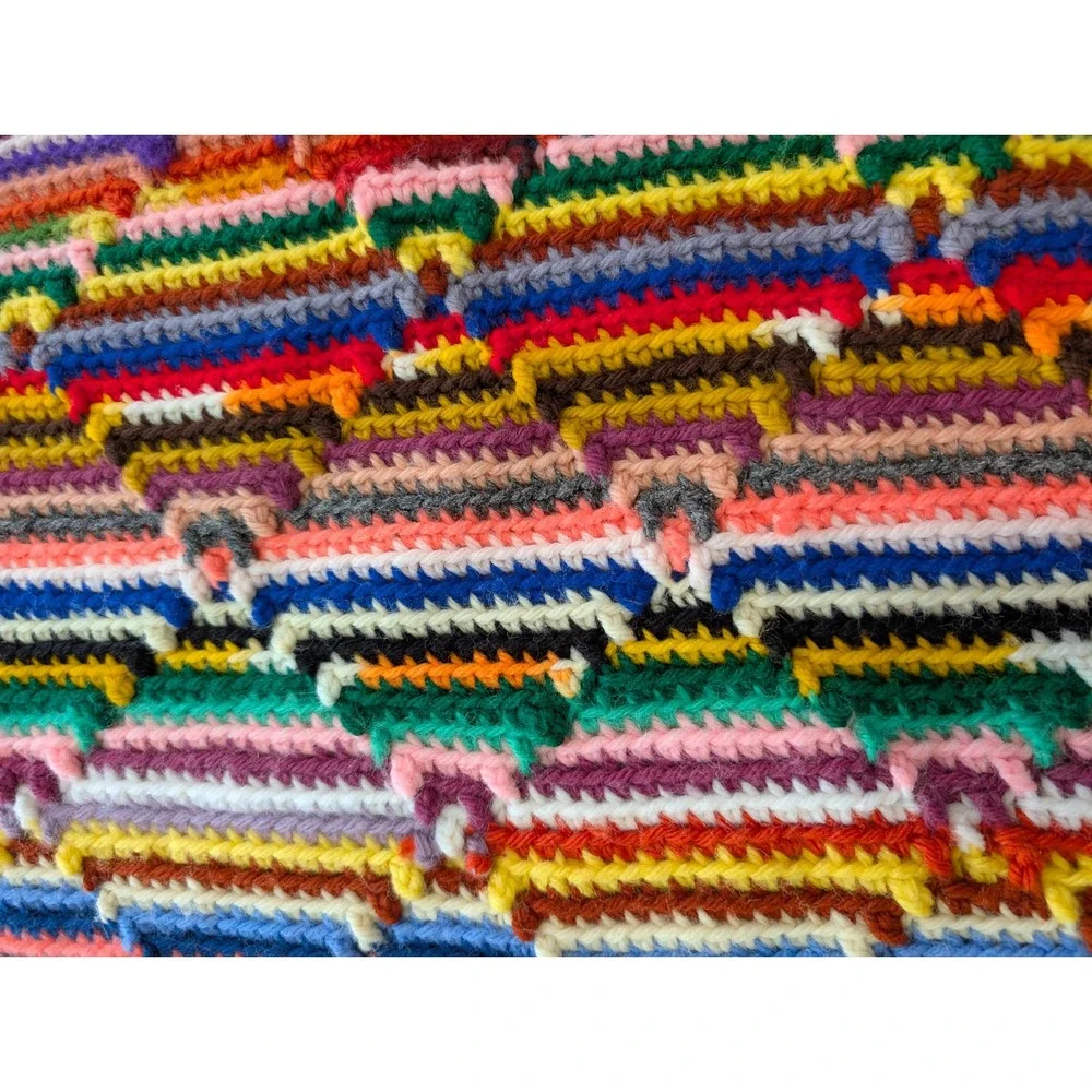 Vtg Handmade Crochet Afghan Optical Illusion Rainbow Multi Color Fringe Throw